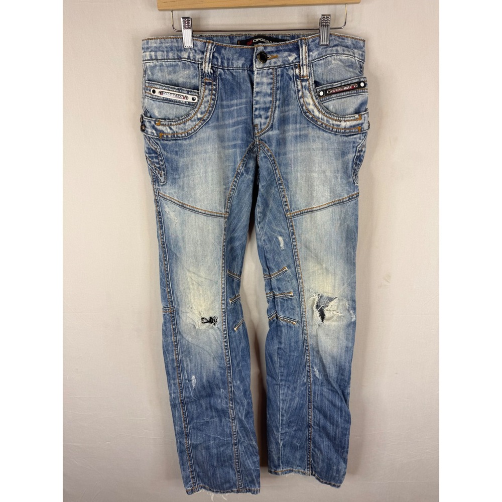 Cipo & Baxx C-602 Mens Distressed Light Wash Denim Jeans Y2K Blue 30x34